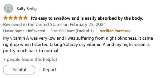 Solaray Vitamin A Reversed My Night Blindness Successfully