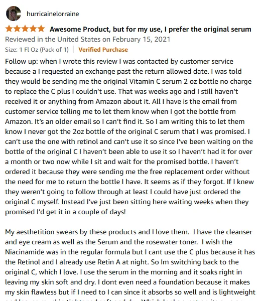 Free Vitamin C Serum Replacement Review: Customer Service Experience