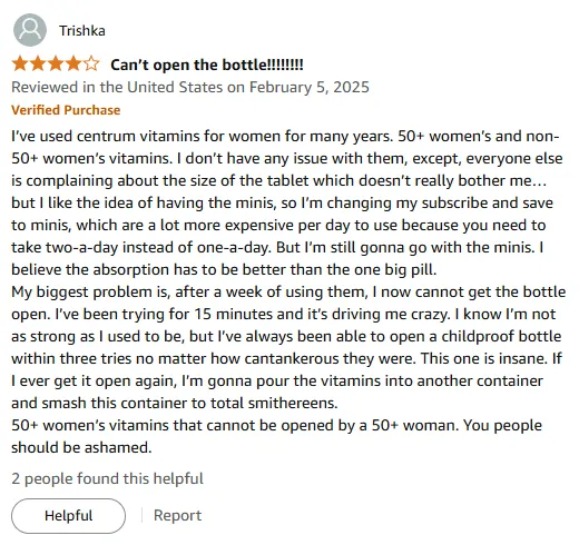 Centrum Minis Review: Hard-to-Open Bottle Frustrates 50+ Women