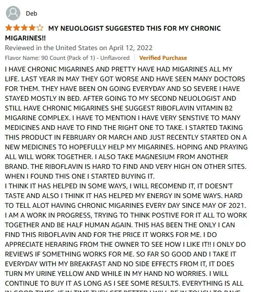 Deb's Migraine Relief: Vitamin B2 & Riboflavin Success Story