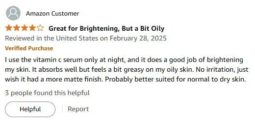 Brightening Vitamin C Serum for Night Use - Oily Skin Review