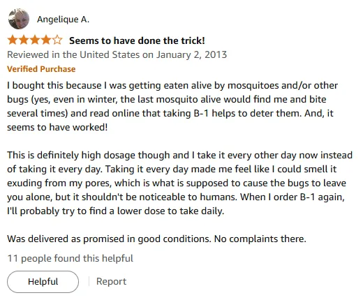 B-1 Thiamine Deters Mosquitoes: High-Dosage User Review