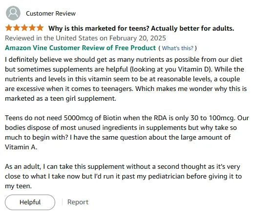 Teen Girl Supplement: Excessive Biotin & Vitamin A Risks